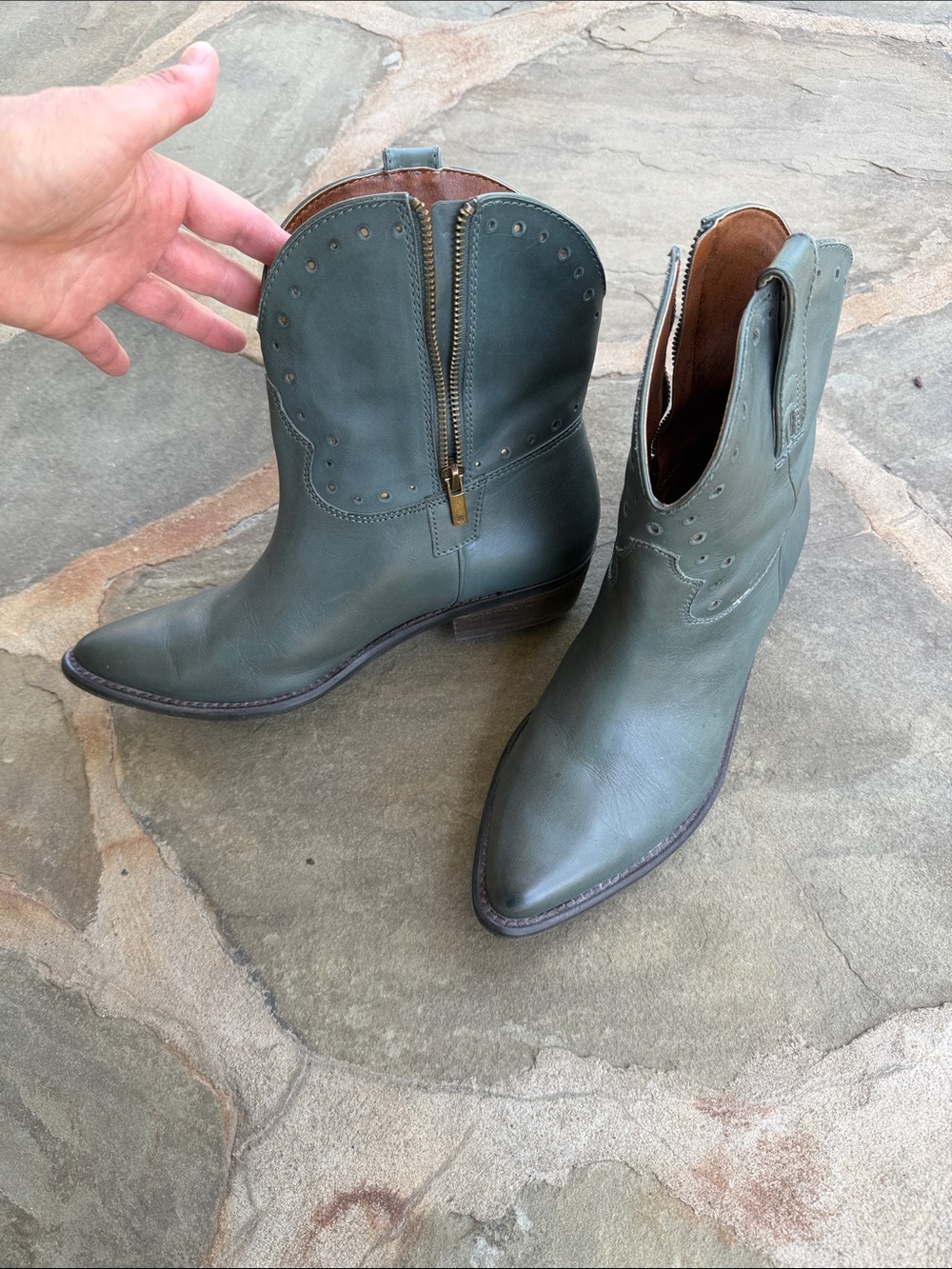 Women's Olive Deep Turquoise Green Lucky Brand Leather Western Ankle Boots